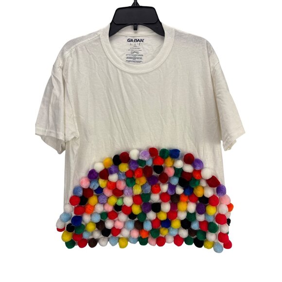 Gildan White L T Shirt Multicolor Pom Pom Embellished Cotton Colorful Festive - Picture 1 of 5